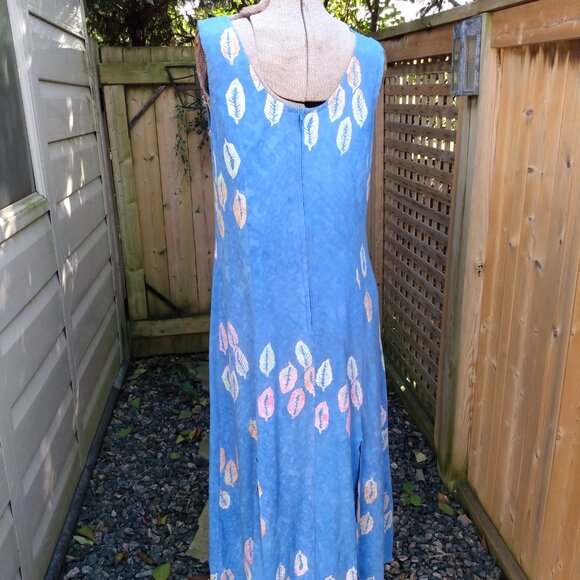 Vintage Hawaiian Dress Sz Medium Blue Tropical Leaf Batik Maxi Long Boho Hippy - Picture 7 of 13